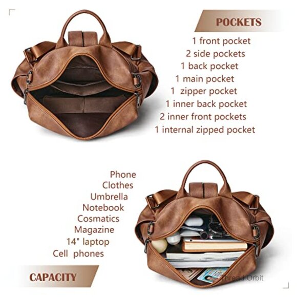 Leather Laptop Backpack with Wristlet, 15.6 Inch, Waterproof, 13 Pockets